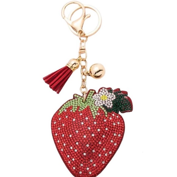 Bling Puffy Rhinestone Strawberry Tassel Keychain Purse Charm - Picture 1 of 1